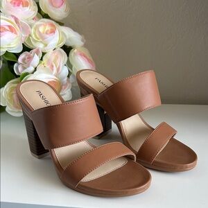 Pashion Footwear Tan Double Strap Heels